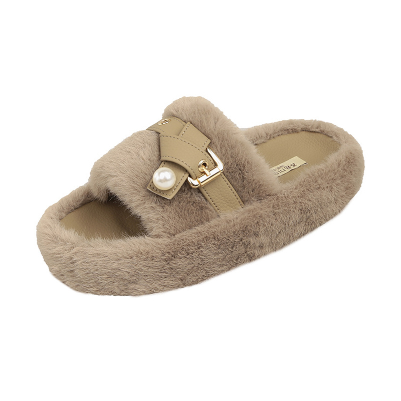 Stylish fluffy ladies indoor thick sole casual winter warm slippers custom Logo belt buckle slippers unisex slippers